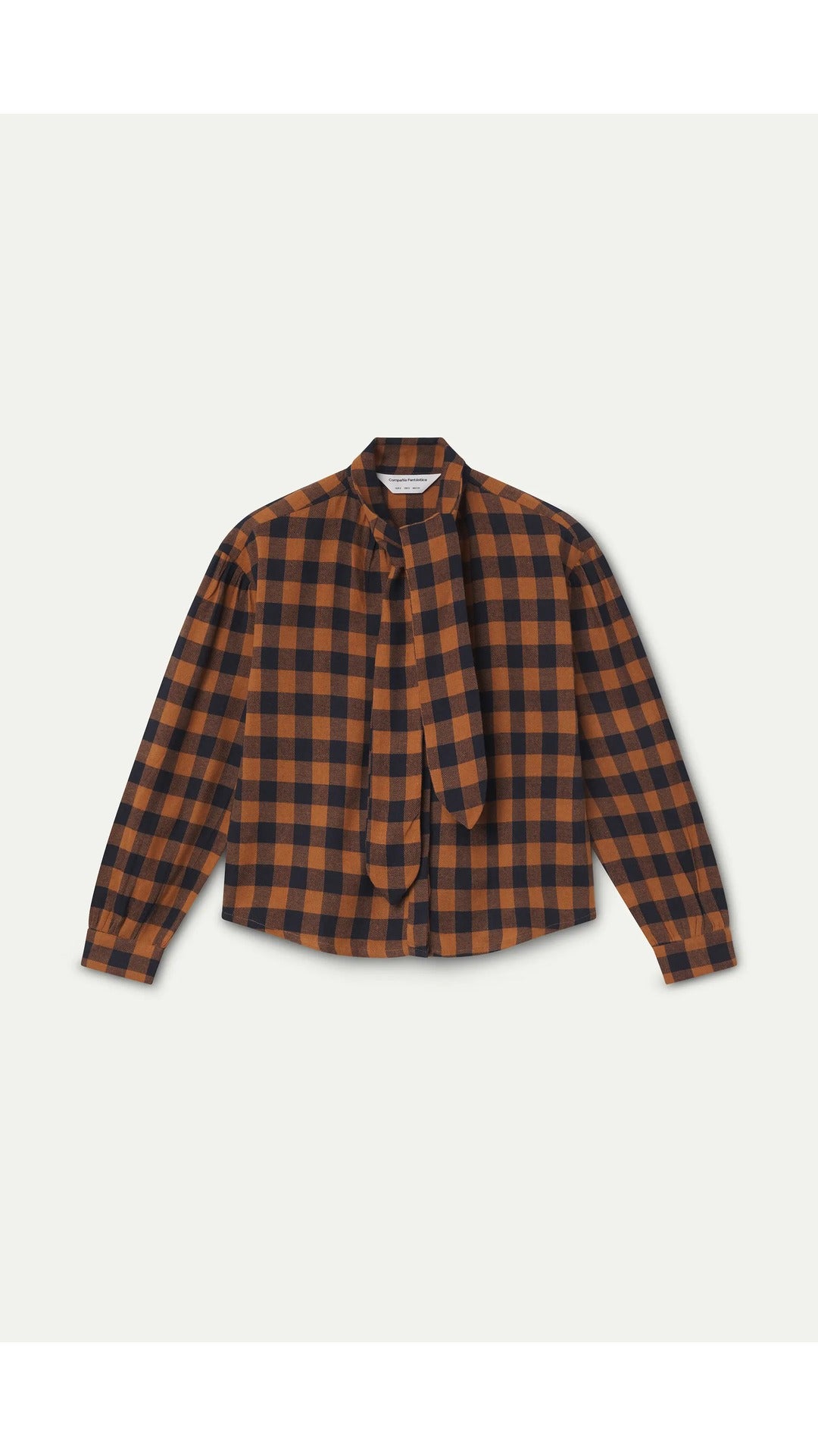 Camisa 100% algodón lazada con estampado de cuadros marrón y azul marino - 6