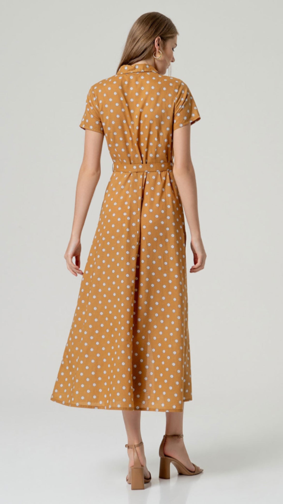 Vestido midi algodón cinturón Camel