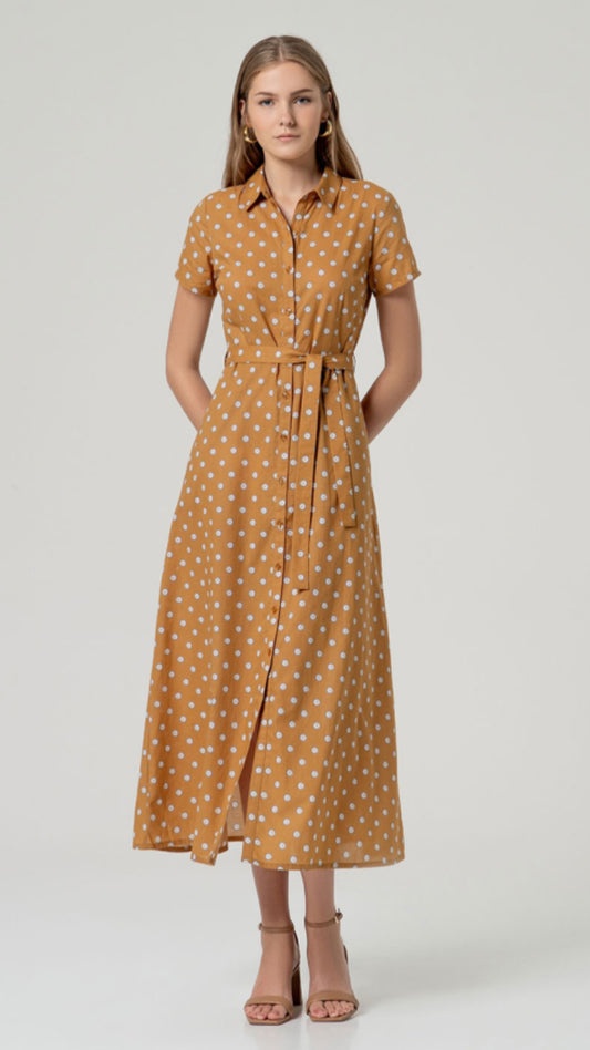Vestido midi algodón cinturón Camel