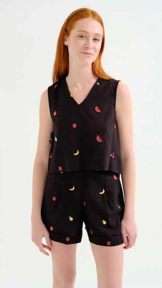 Top 100% algodón negro con bordado de Ensalada de frutas