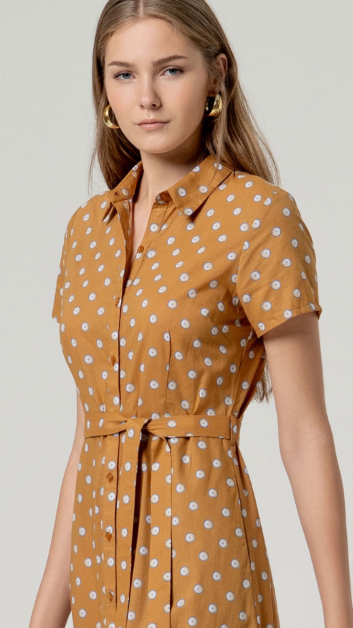 Vestido midi algodón cinturón Camel