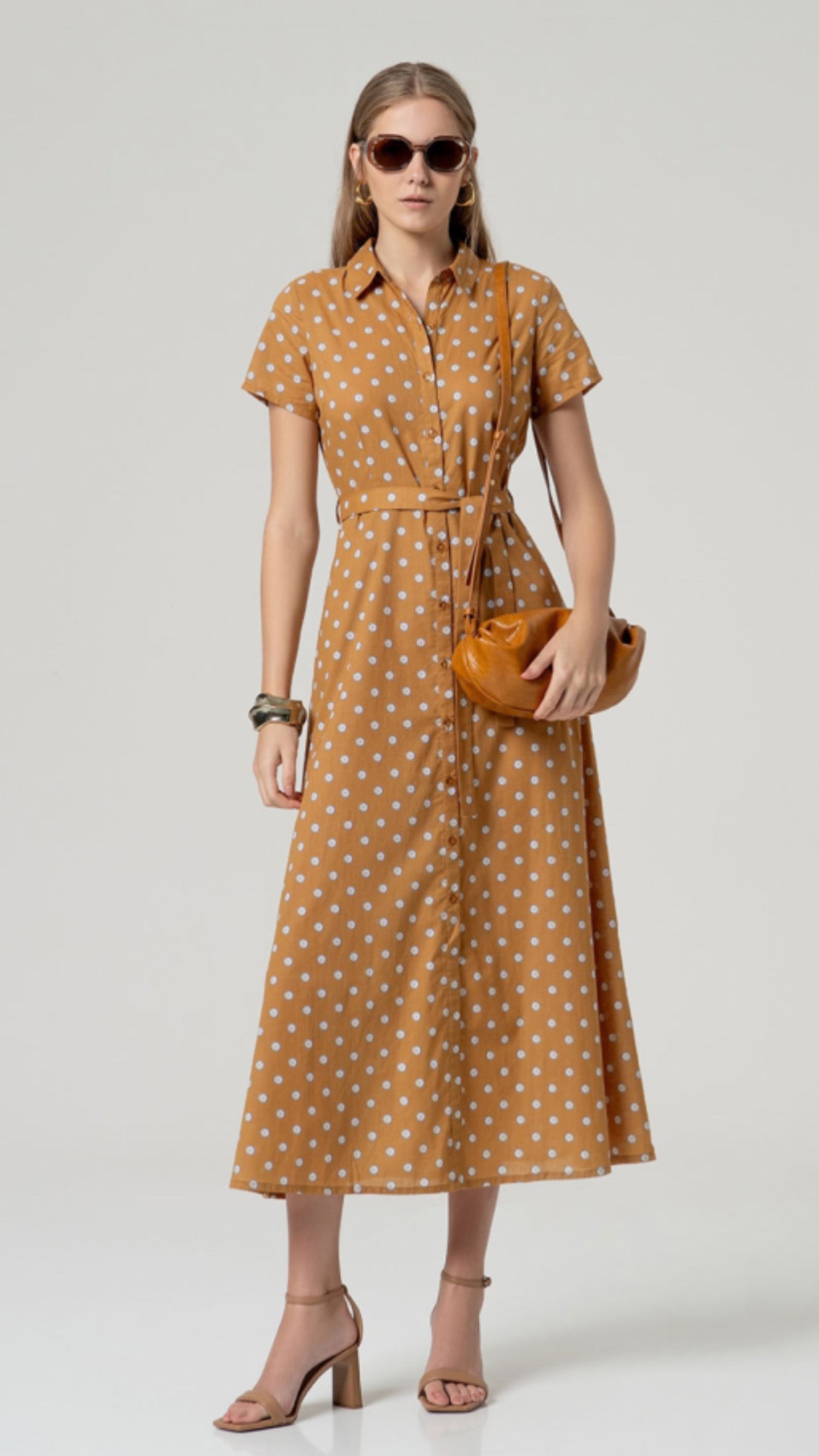 Vestido midi algodón cinturón Camel