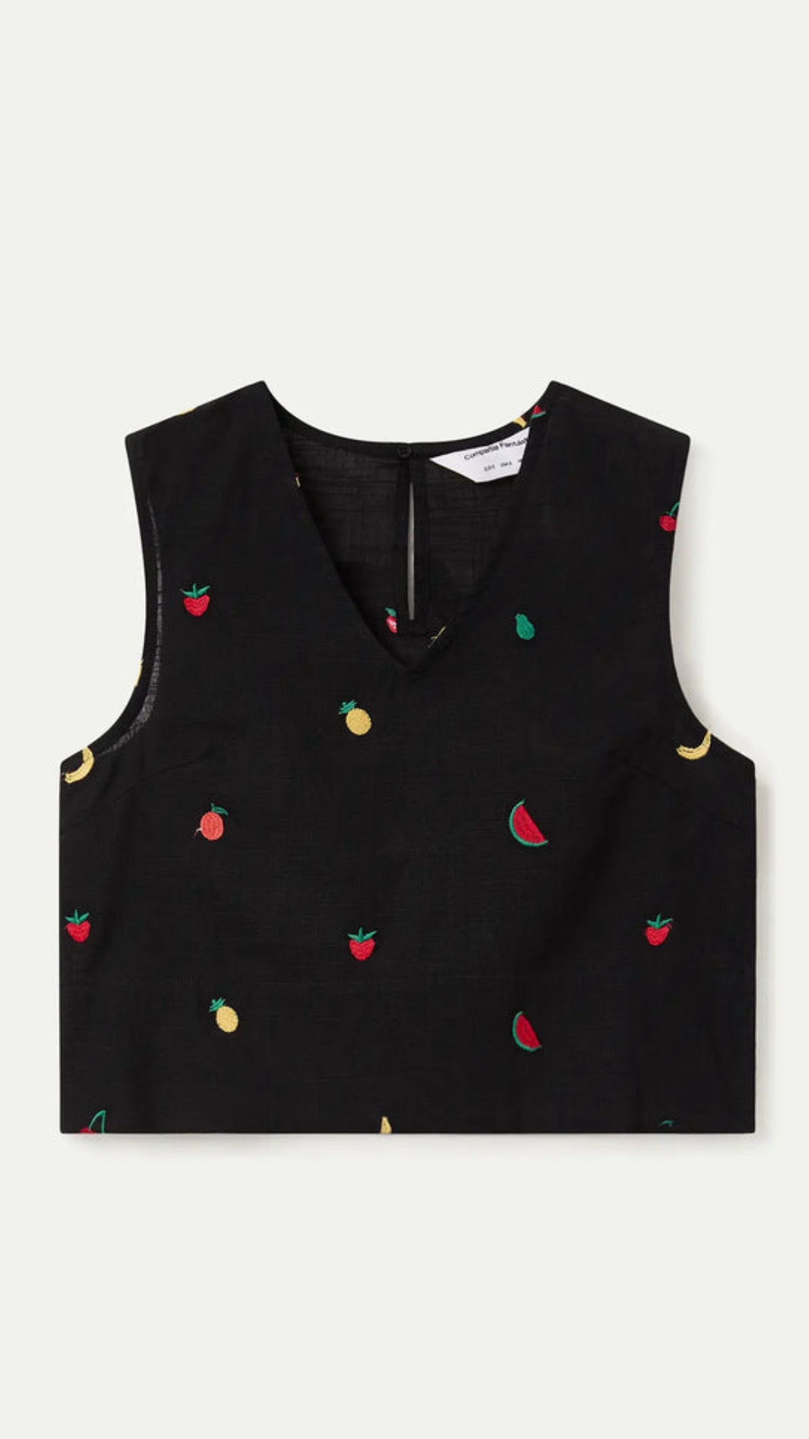 Top 100% algodón negro con bordado de Ensalada de frutas