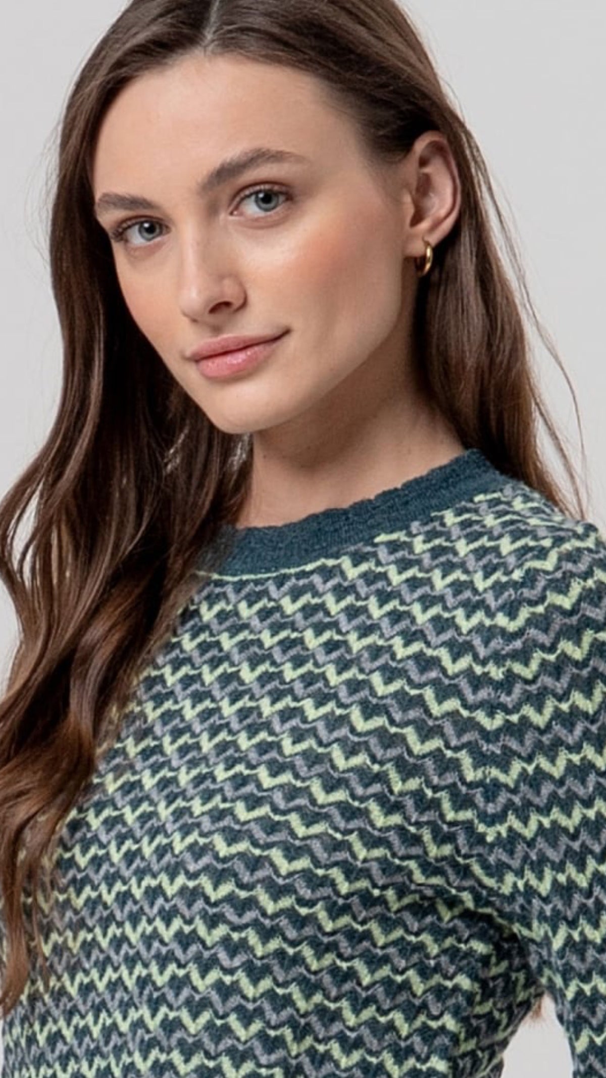 Jersey de cuello redondo de zigzag Verde Botella