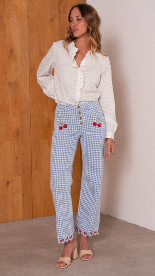 Pantalón vichy azul cerezas