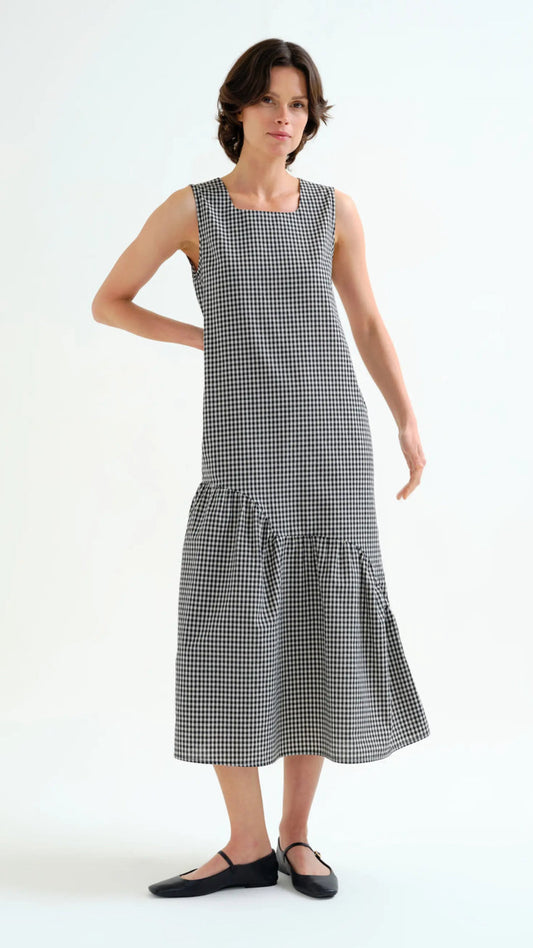 Vestido midi 100% algodón cuadros vichy negro