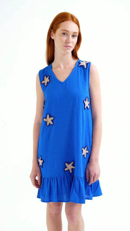 Vestido corto 100% algodón azulón con apliques de estrellas