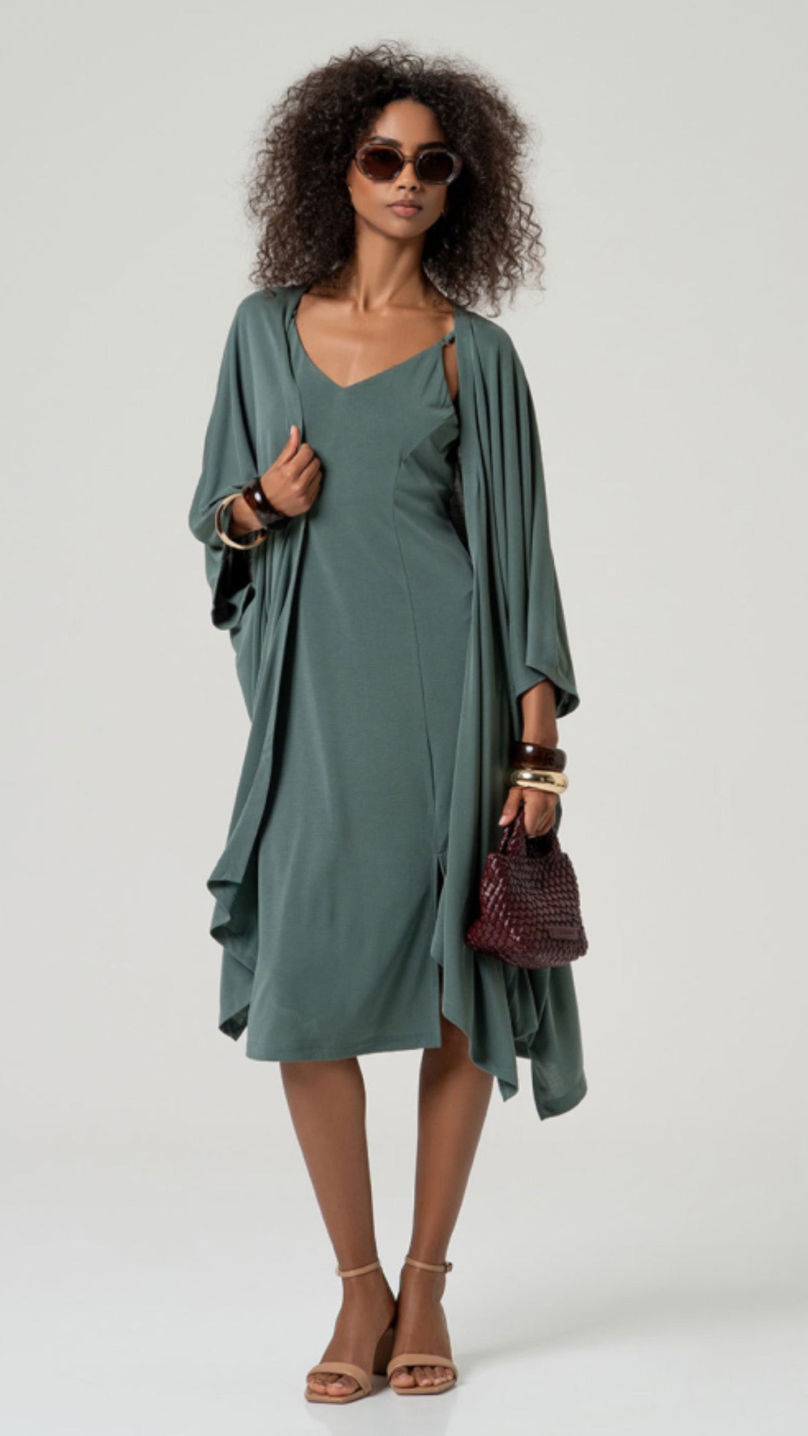 Vestido midi fluido con abertura Verde Botella