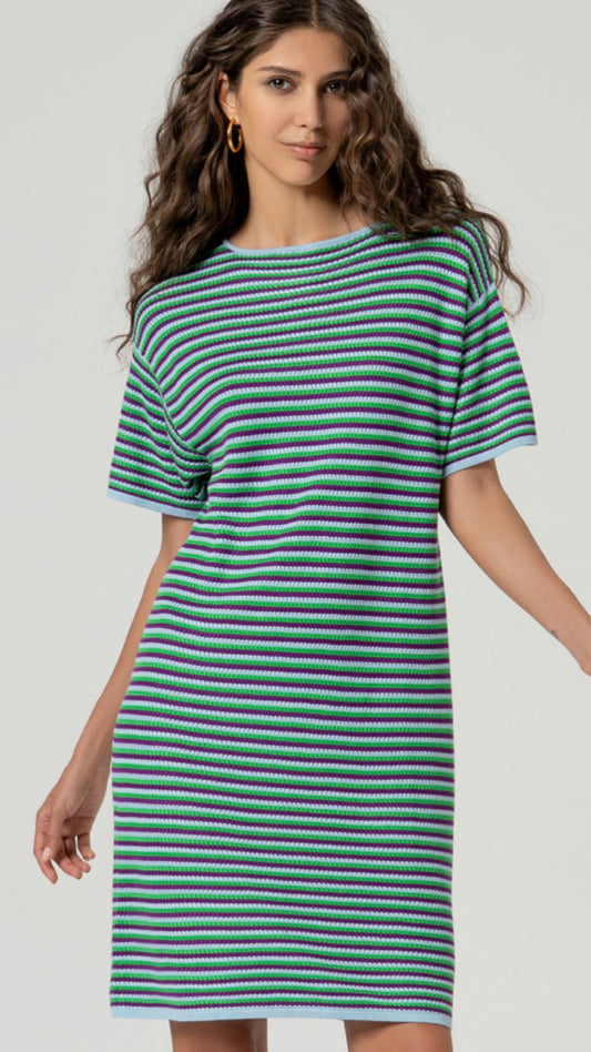 Vestido corto de punto a rayas Azul celeste