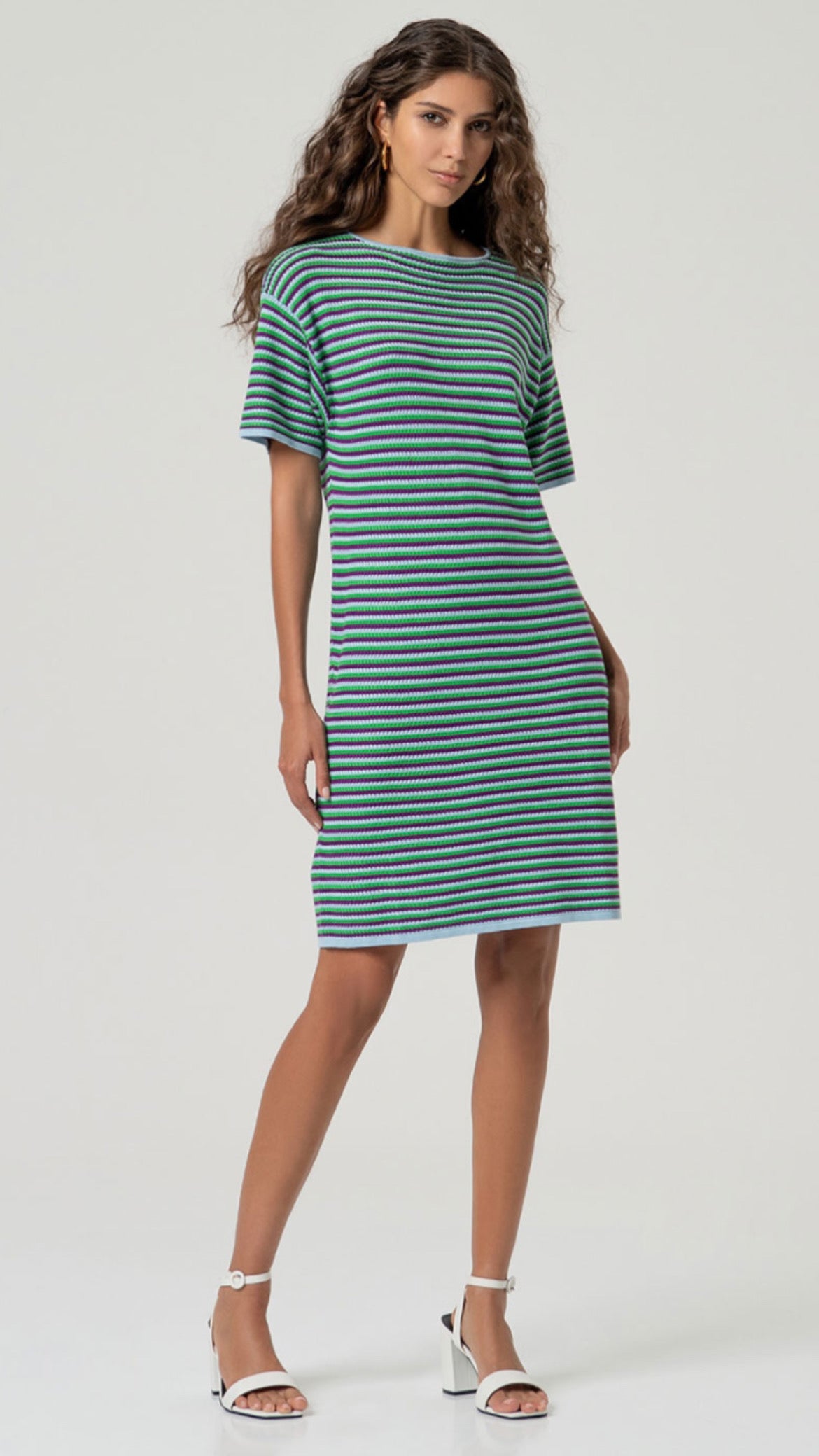 Vestido corto de punto a rayas Azul celeste