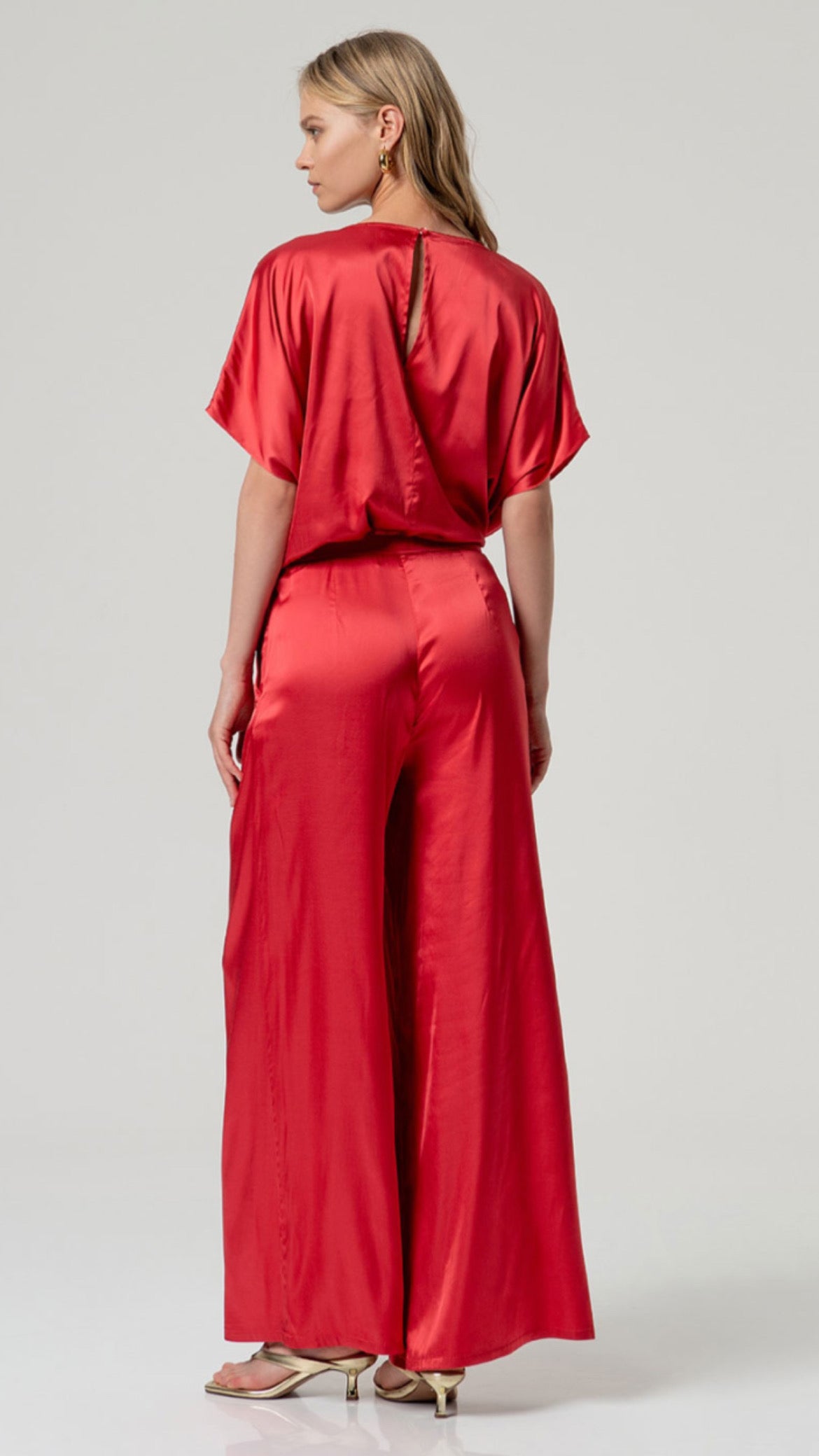 Pantalón fluido pierna ancha elástico Rojo
