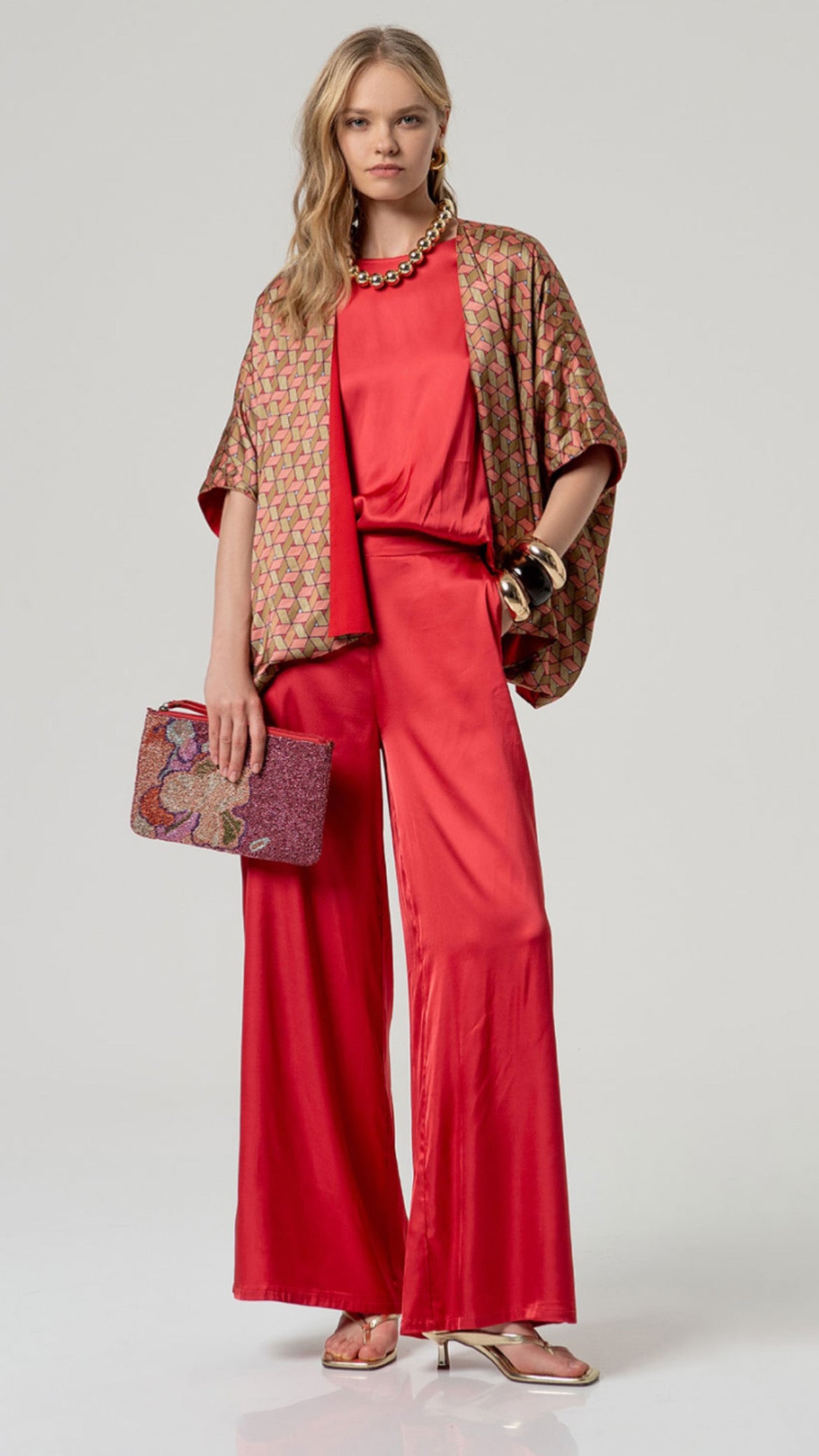 Pantalón fluido pierna ancha elástico Rojo