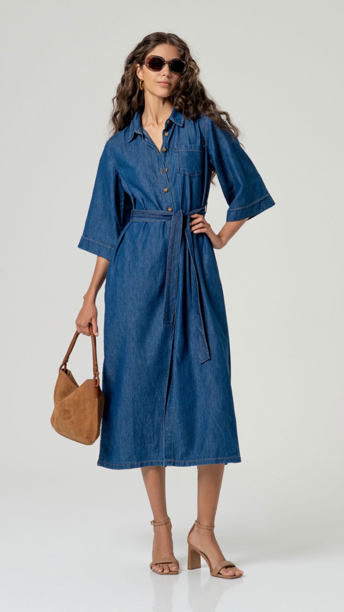 Vestido camisero denim con cinturón Azul