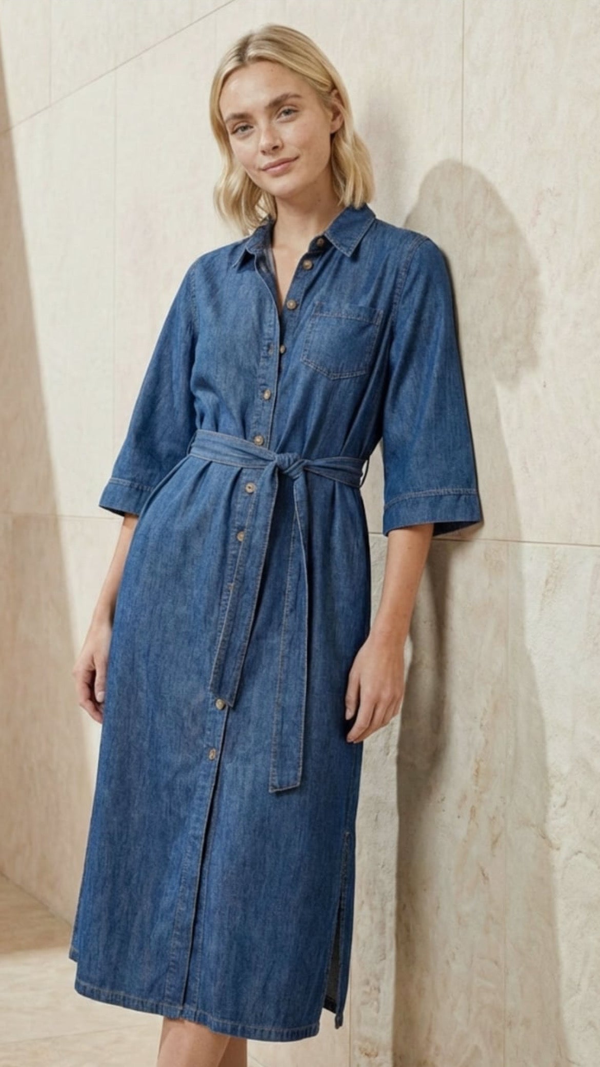 Vestido camisero denim con cinturón Azul
